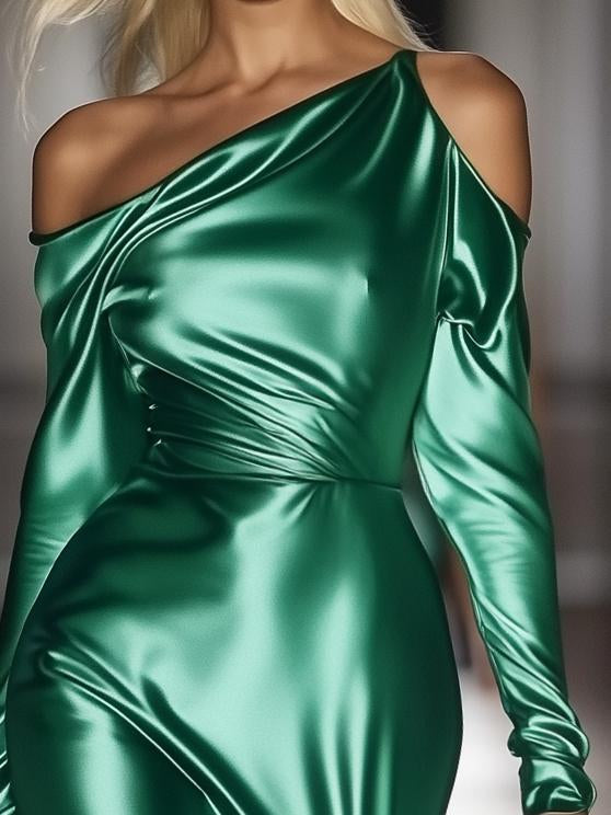 Designer Emerald Green Satin Long Sleeve Midi Dress