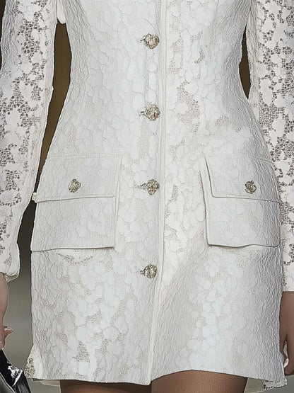 Elegant and Fashionable Lapel White Lace Mini Dress