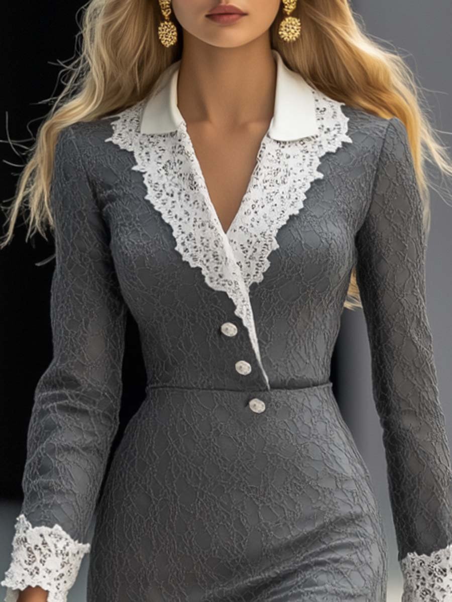 Elegant Commuting Contrast Color V-neck Gray Lace Mini Dress