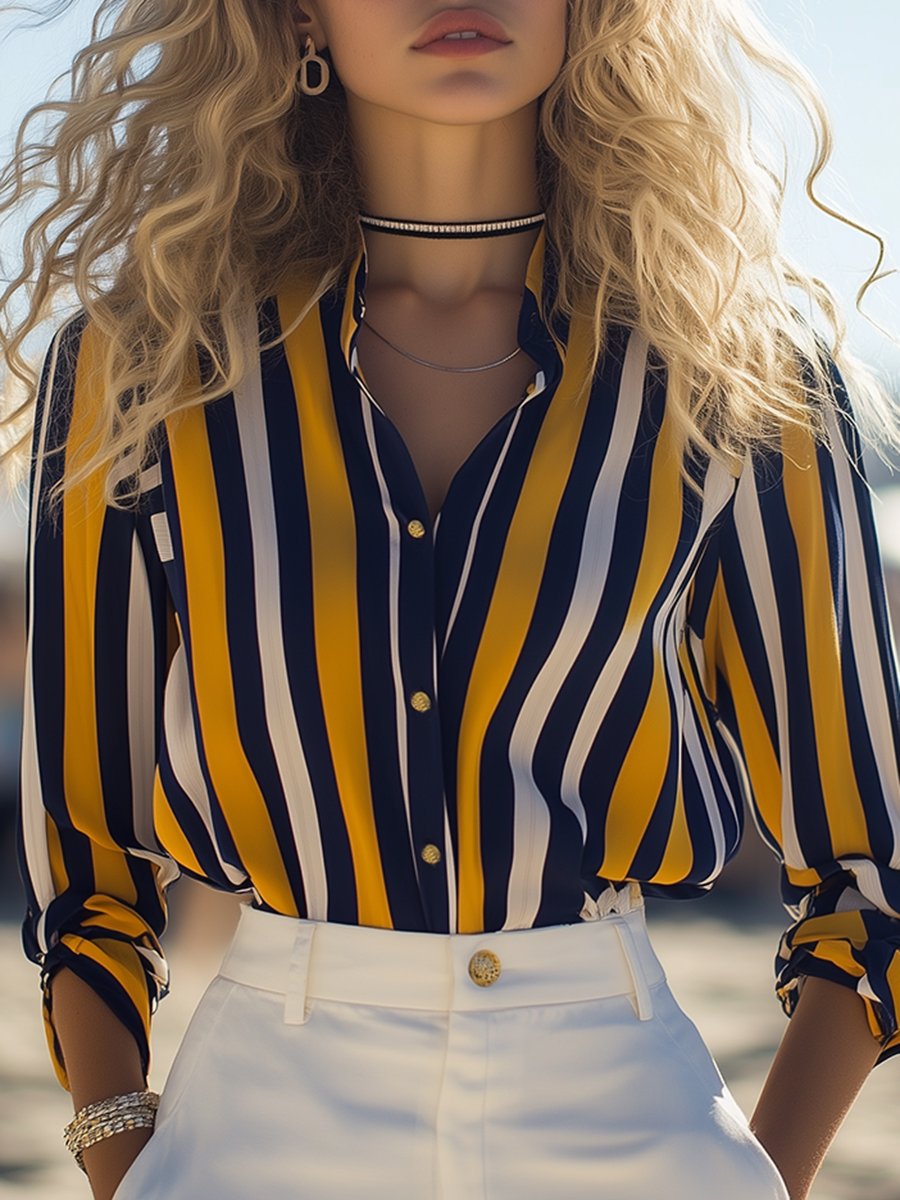 Retro Casual Fashionable Blue And Yellow Striped Shirt