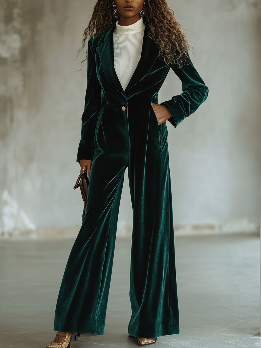 Casual Loose Retro Solid Color Velvet Lapel Wide Leg Jumpsuit