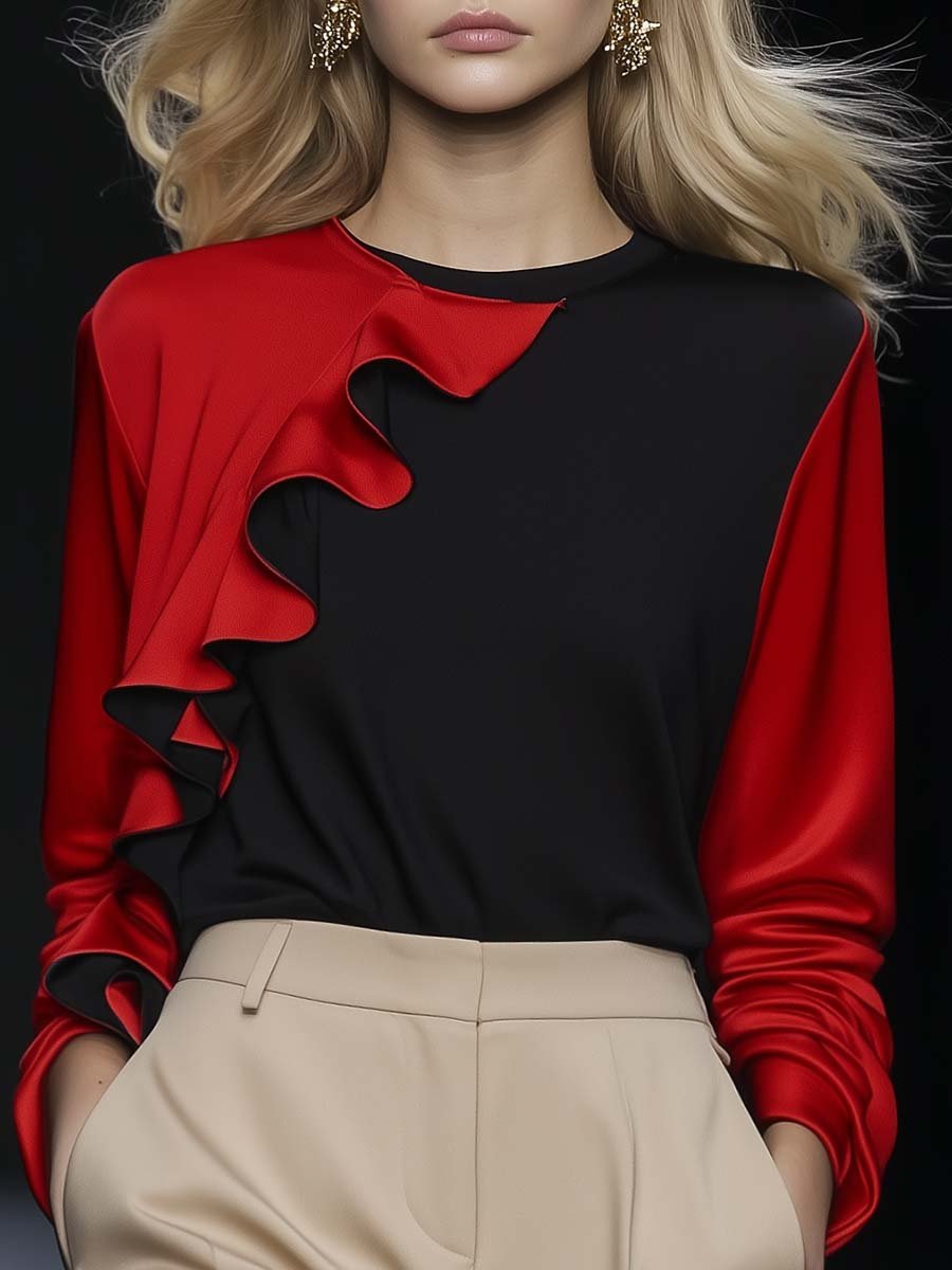 Elegant and Fashionable Round Neck Black and Red Contrast Ruffled T-shirt