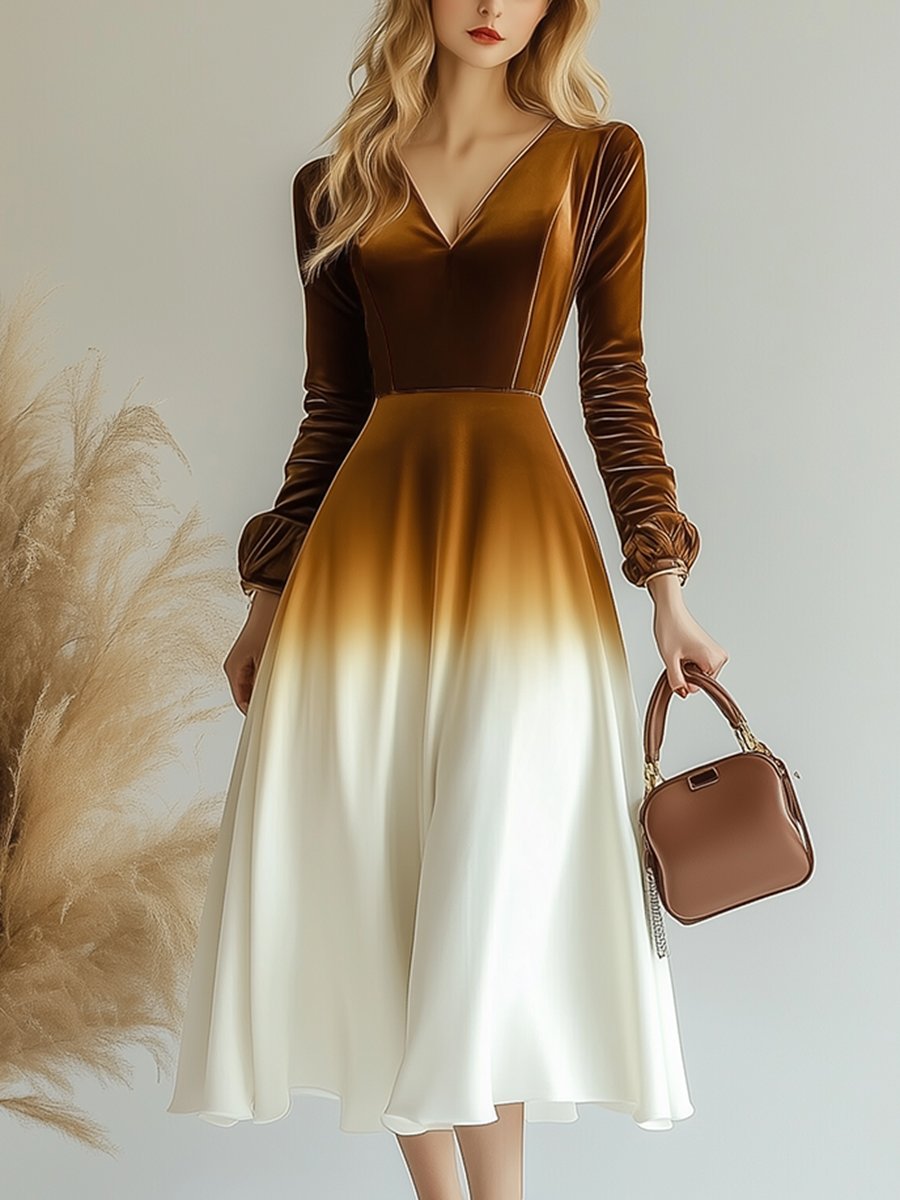 High-End Fashionable Temperament Gradient V-Neck Velvet Midi Dress