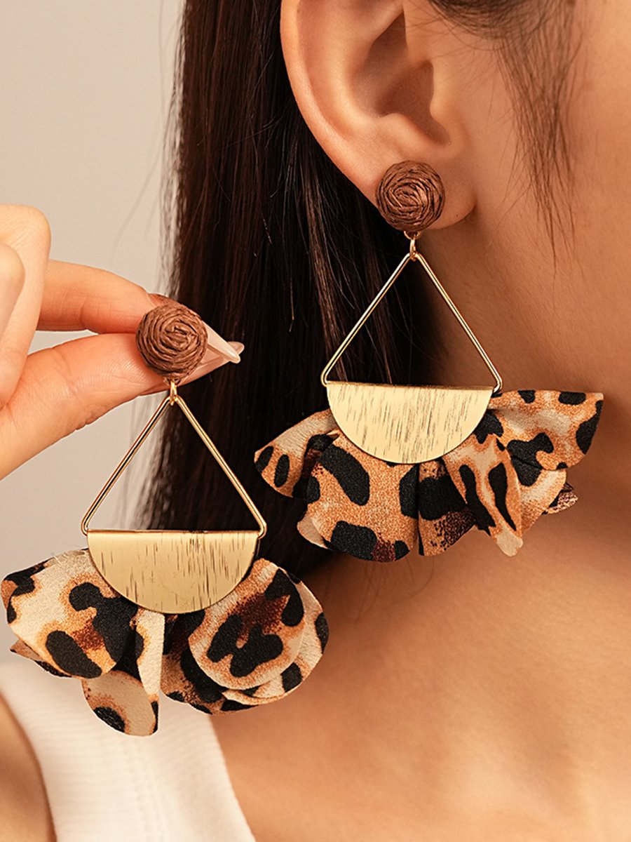 Vintage Fabric Leopard Print Geometric Petal Steel Needle Earrings