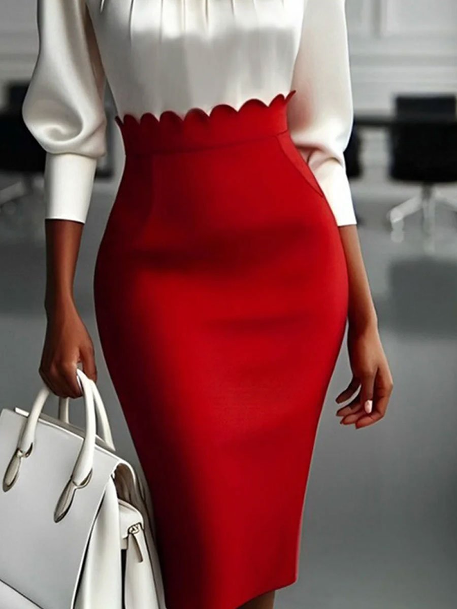 Fashionable Commuter Red And White Stand-Up Collar Long-Sleeved Mini Dress