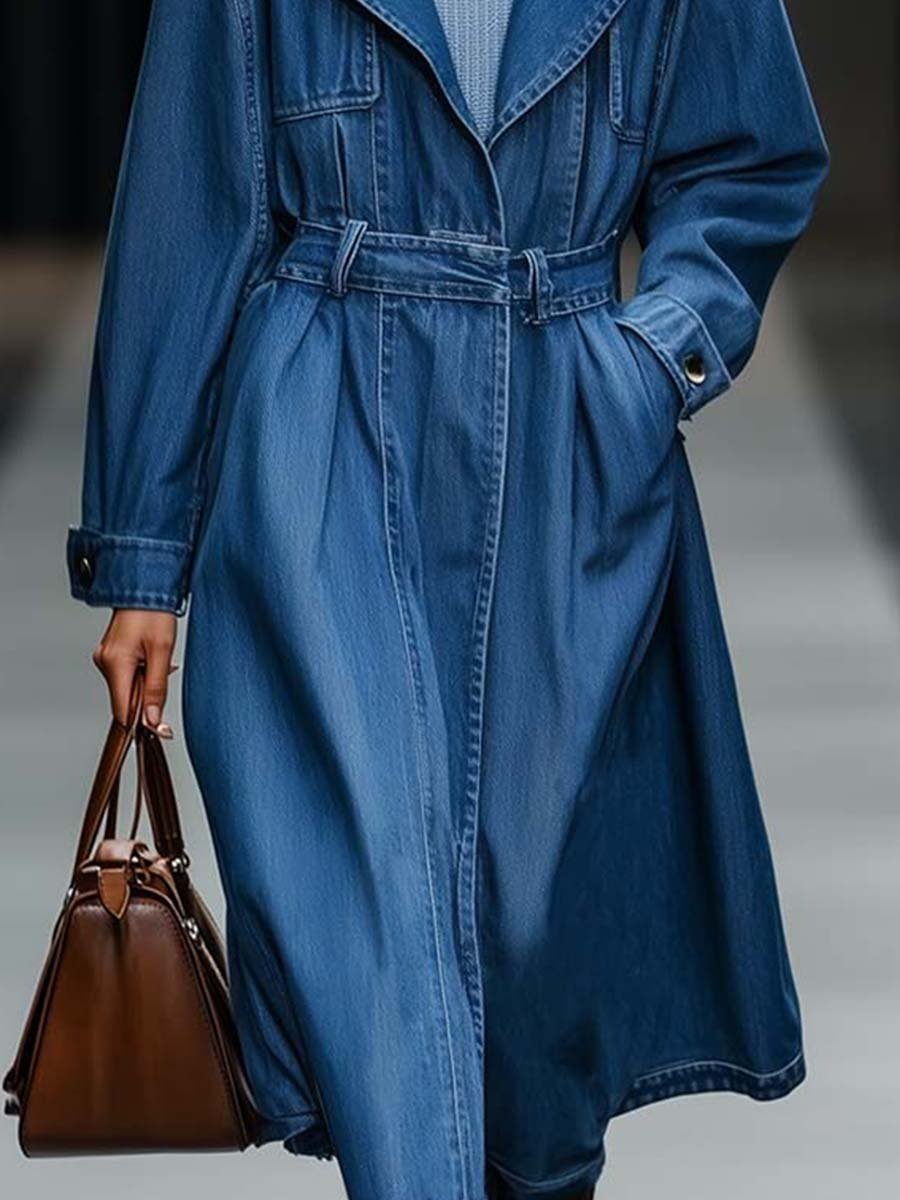 Retro Fashion Loose Fit Multi-pocket Belted Denim Trench Coat