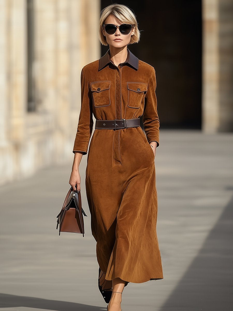 Retro Casual Fashionable Leather Stitching Lapel Pocket Suede Midi Dress