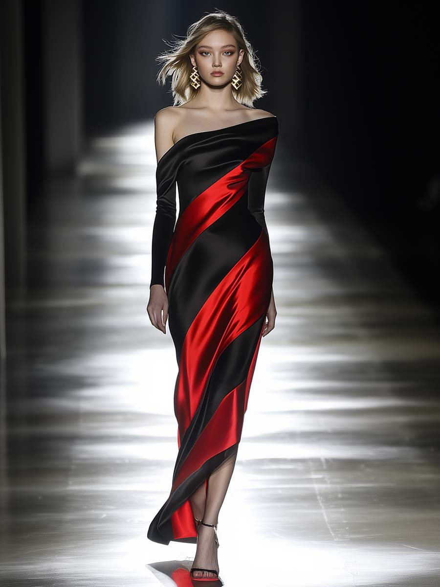 Elegant Off-the-shoulder Black and Red Contrast Maxi Dress