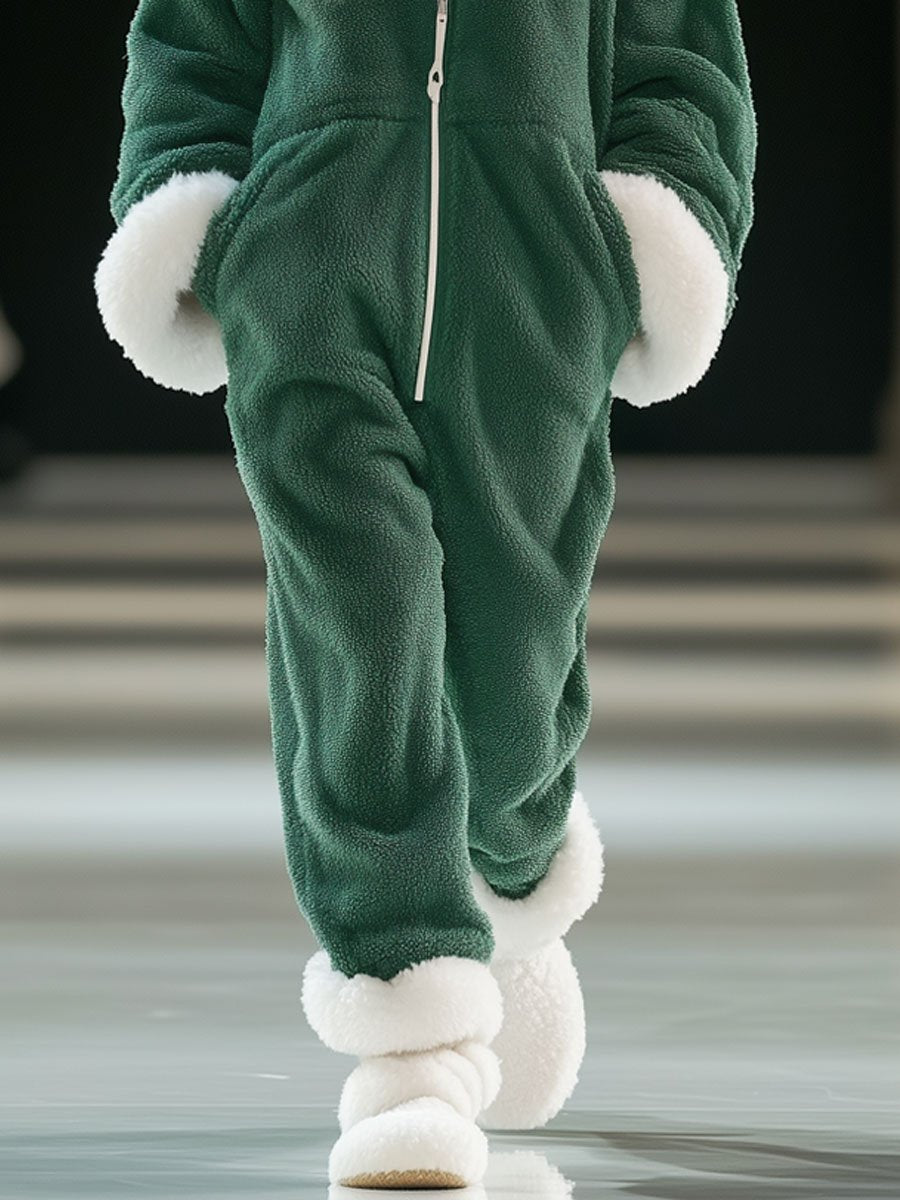 【24-hour shipping】Casual Loose Green and White Polar Fleece Splicing Zipper Hooded Jumpsuit