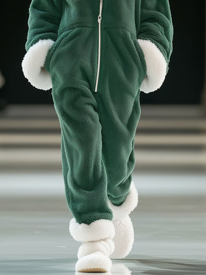 【24-hour shipping】Casual Loose Green and White Polar Fleece Splicing Zipper Hooded Jumpsuit