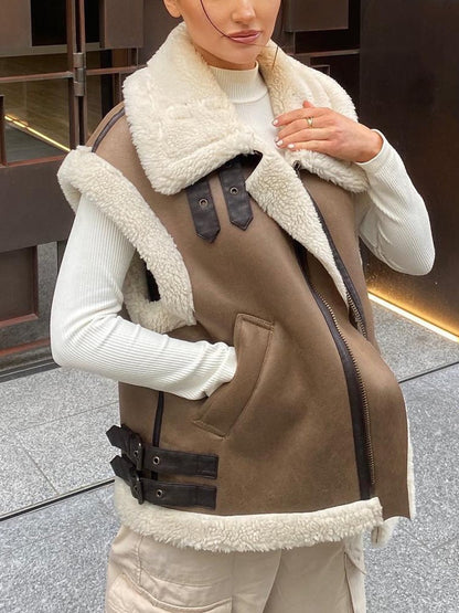 Retro Fashion Loose Camel Motorcycle Fur Vest