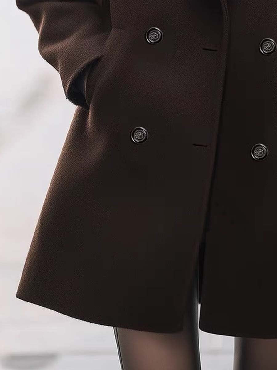 High-End Fashionable And Elegant Loose Chocolate Brown Double-Breasted Lapel Woolen Coat