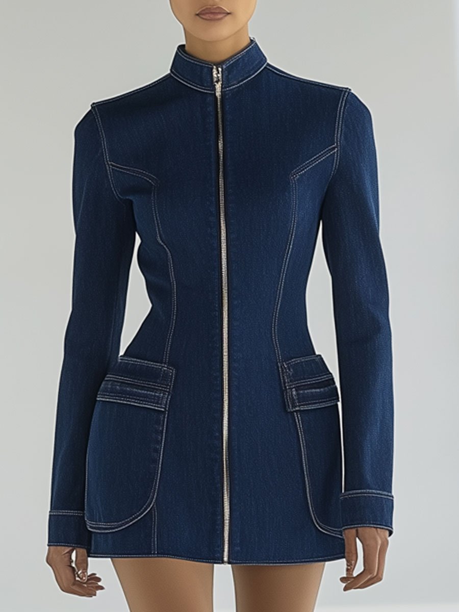 Casual Fashion Vintage Navy Denim Zipper Long Sleeve Pocket Mini Dress