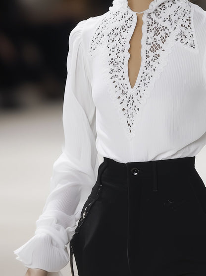 Classic All-Match Lace Chiffon White Long-Sleeved Shirt