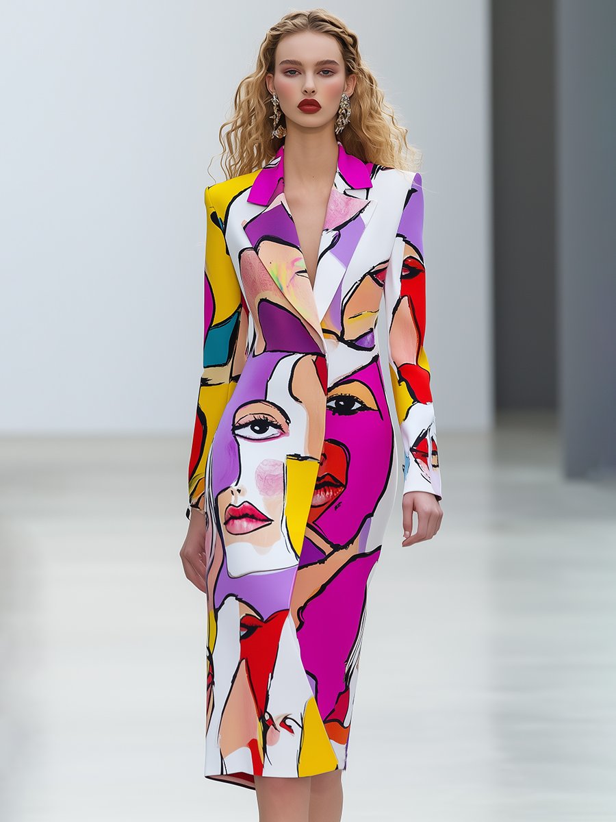 Simple and Fashionable Abstract Face Print Lapel Midi Dress