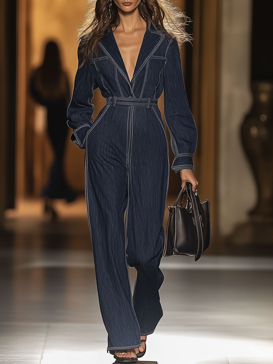 Casual Loose Lapel Contrast Color Stitching Long Sleeve Denim Jumpsuit