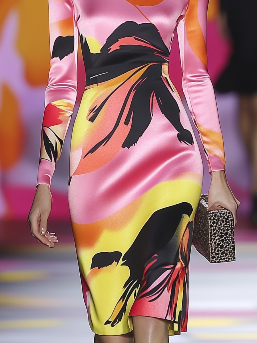 High-end Fashionable Pink, Orange and Black Abstract Printed Midi Dress