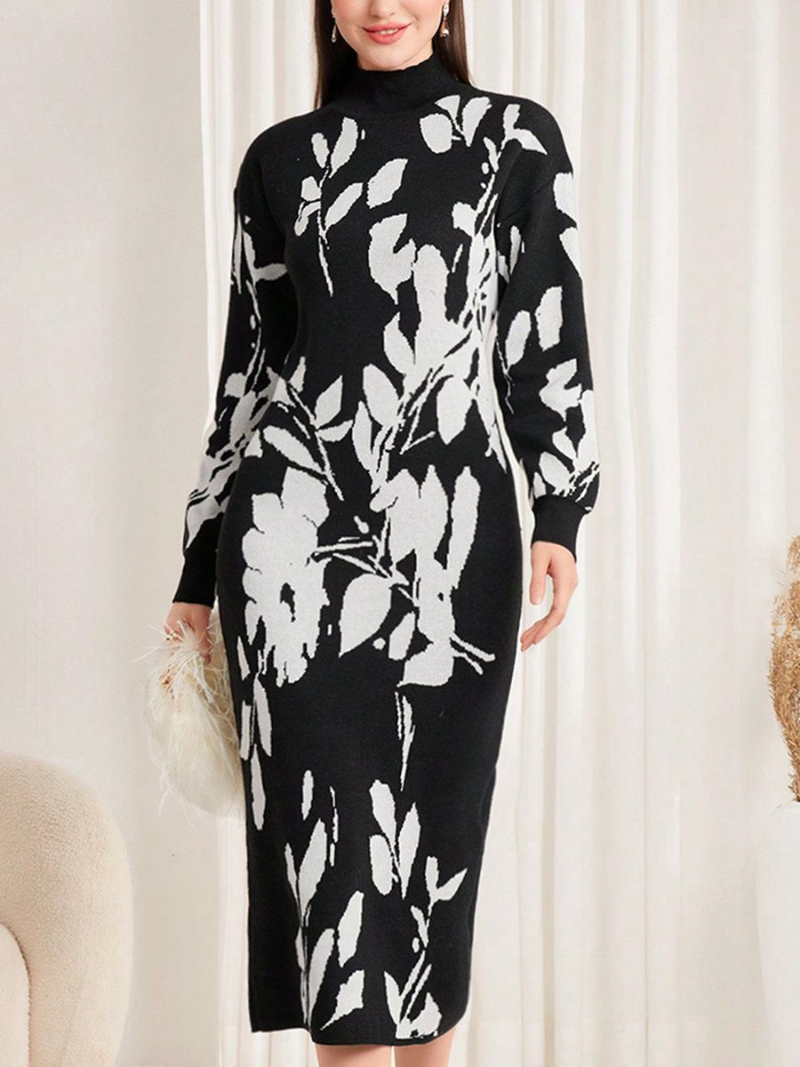 Loose And Fashionable White Floral Knitted Midi Dress