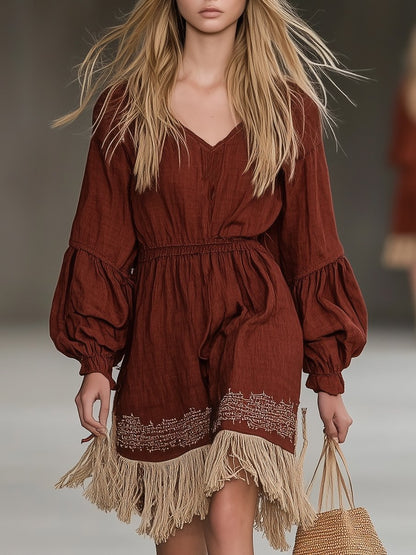 Bohemian Auburn Fringe Long Sleeve Midi Dress