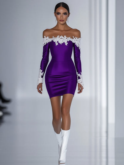 Charming and Sexy White Lace Purple Satin One-shoulder Long-sleeved Mini Dress