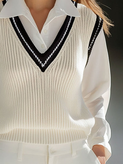 Casual Loose Fashion Fake Two-piece Knitted Vest Long Sleeve Blouse