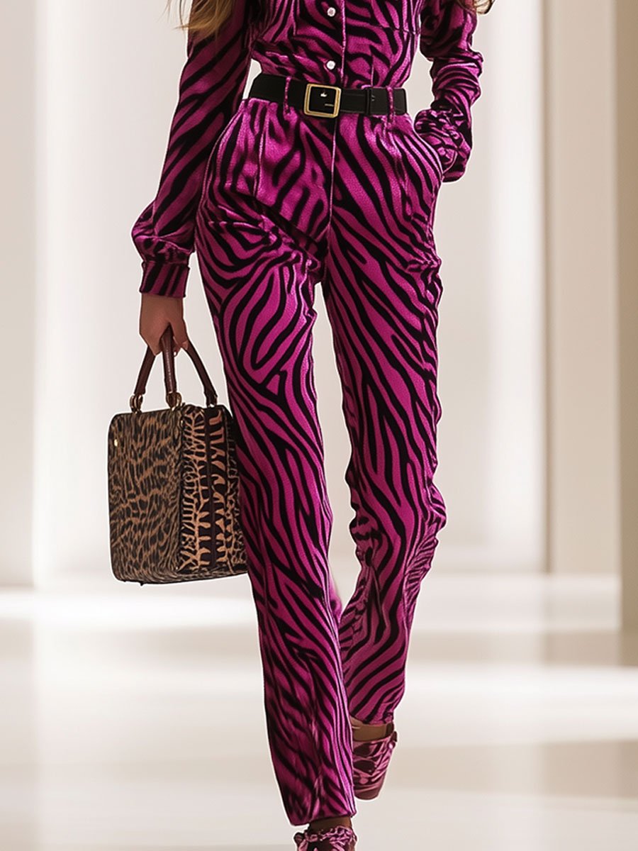 Casual Loose Retro Velvet Zebra Print Multi-Pocket Long Sleeve Jumpsuit