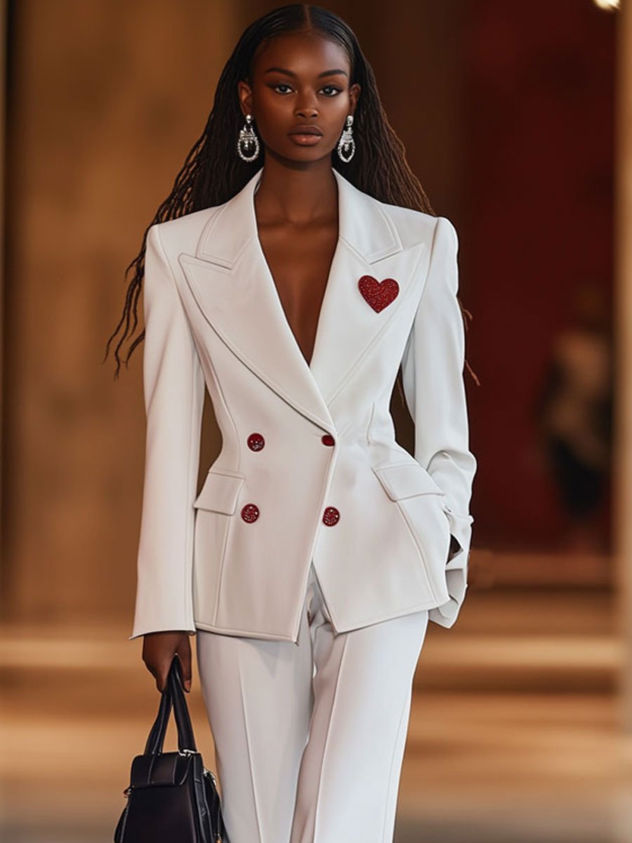 Casual Loose Heart Label White Suit Jacket Straight Pants Set