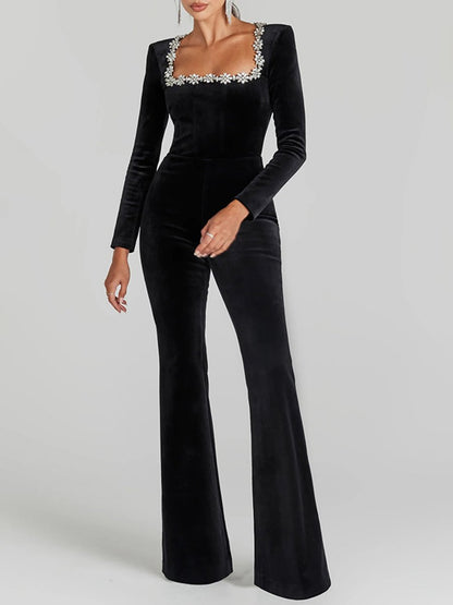 Diamond Velvet Square Neck High Waist Slim Flare Long Sleeve Jumpsuit