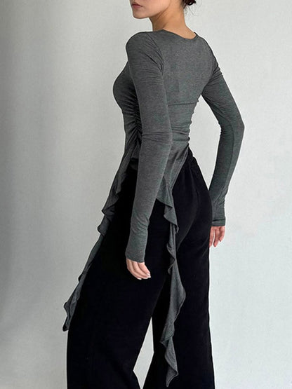 Fashionable Slim Fit Ruffled Round Neck Long Sleeve T-Shirt