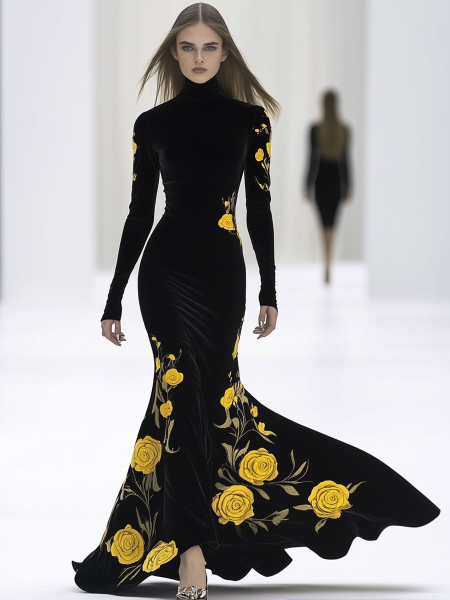 Fashion Retro Turtleneck Velvet Yellow Rose Print Long Sleeve Fishtail Maxi Dress