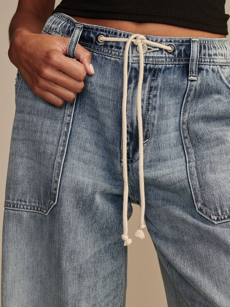 Casual Loose Vintage Pocket Elastic Waist Drawstring Jeans