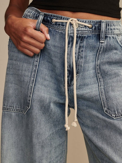 Casual Loose Vintage Pocket Elastic Waist Drawstring Jeans