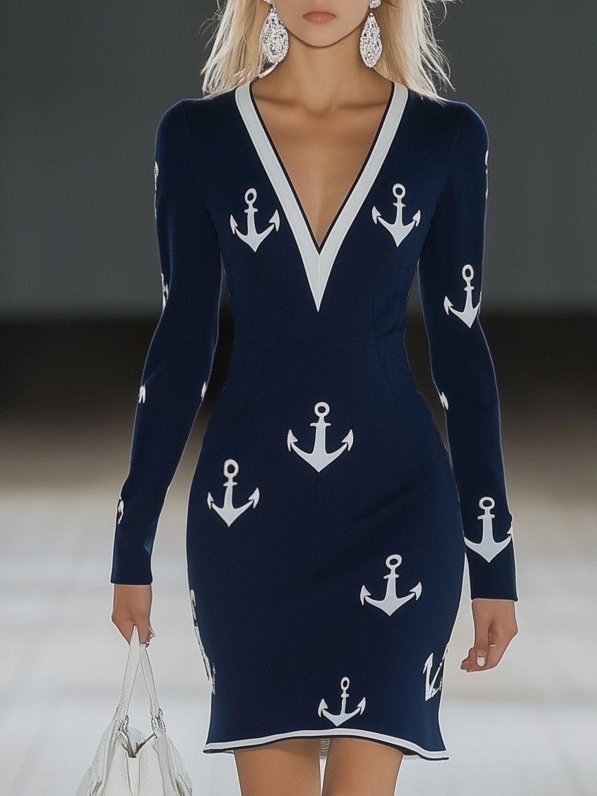 Elegant Anchor Print Navy Long Sleeve Mini Dress