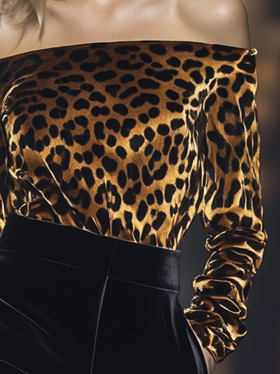 Fashionable One-Shoulder Leopard Print Velvet Long-Sleeved Top