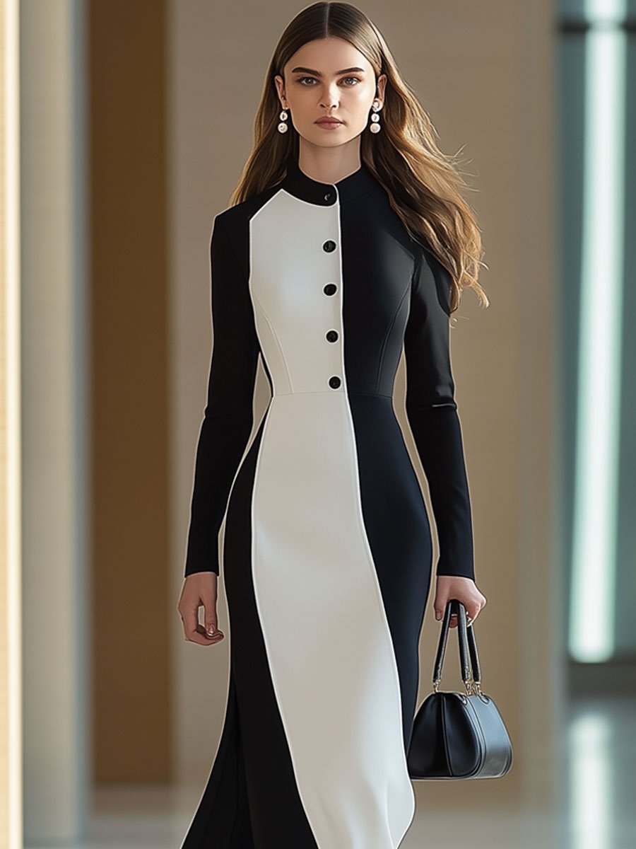 Fashion Retro Black And White Stand Collar Button Long Sleeve Maxi Dress