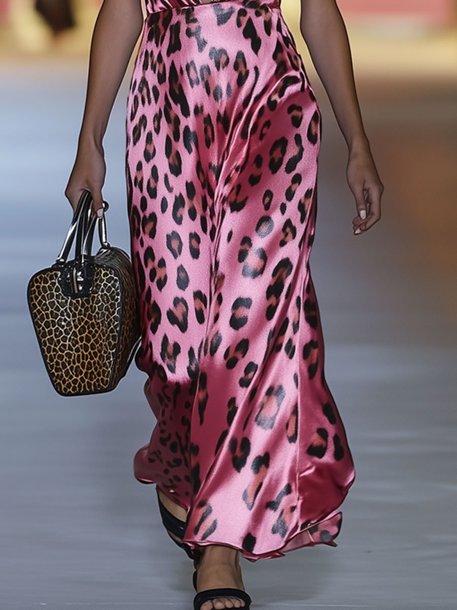 Fashion Resort Leopard Print Pink Satin Sleeveless V Neck Maxi Dress