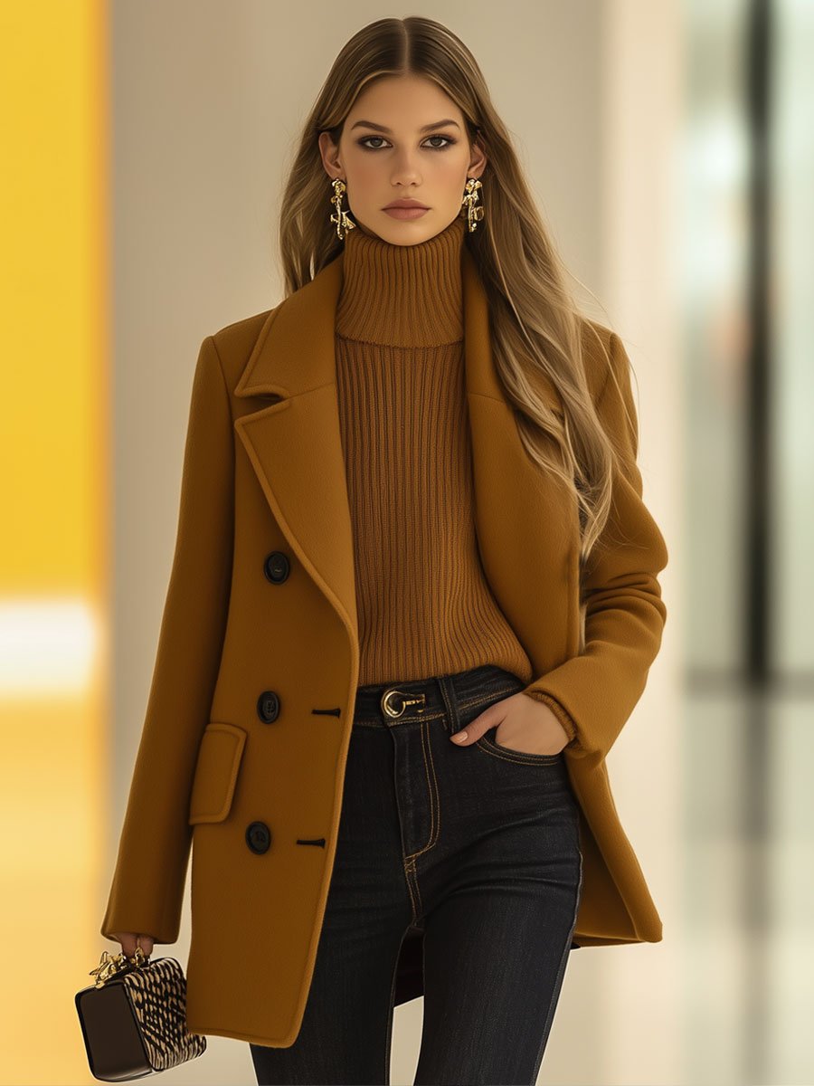 Casual Loose Retro Camel Wool Double-Breasted Mid-Length Coat