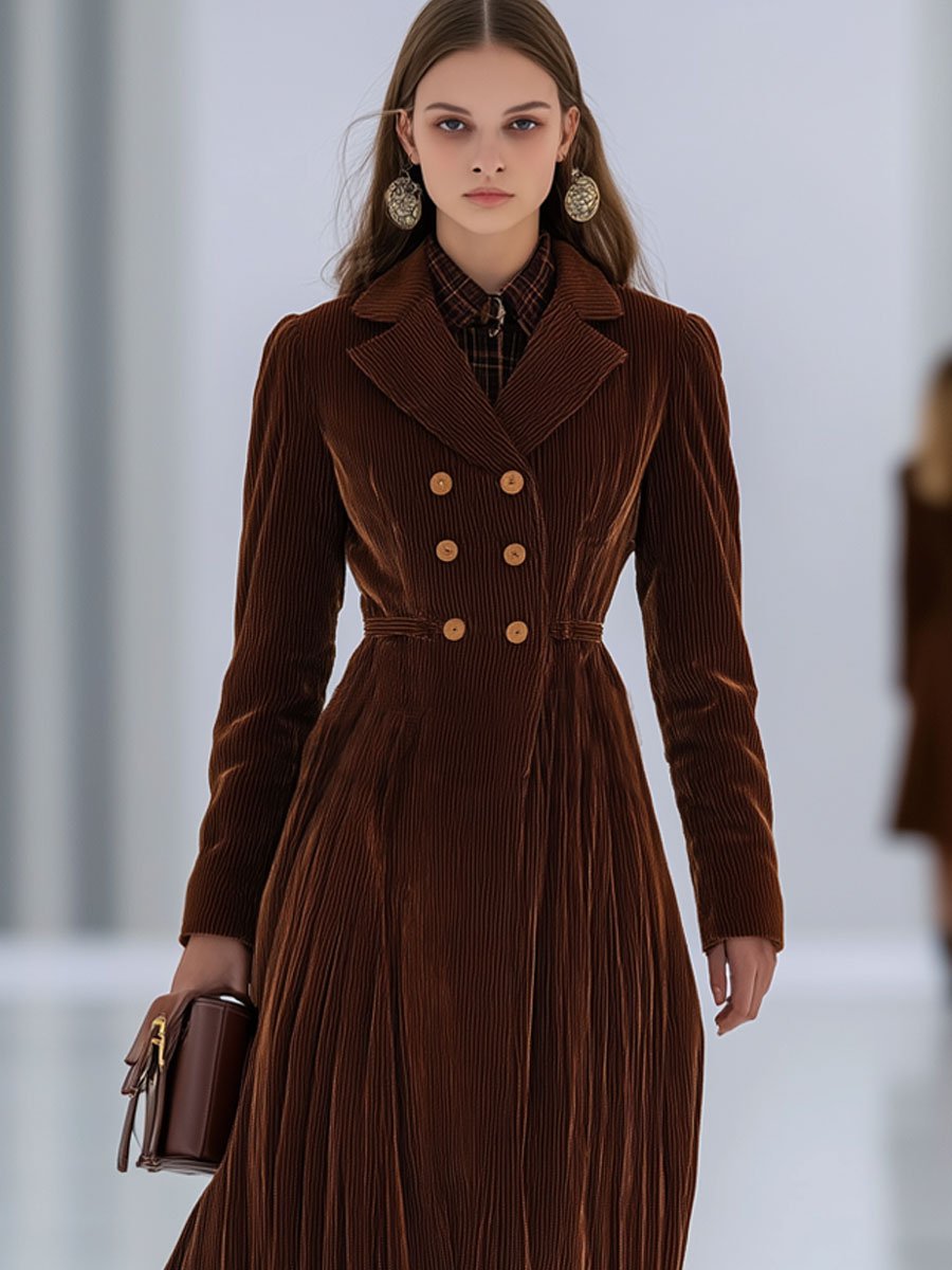 Casual Loose Retro Brown Corduroy Double-Breasted Trench Coat-Style Midi Dress