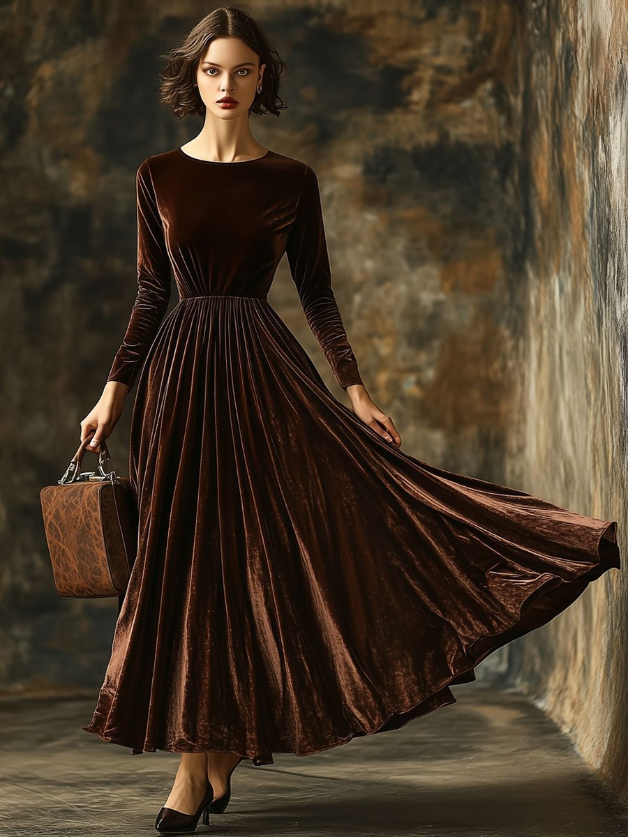 Vintage Chocolate Velvet Long Sleeve Crewneck Maxi Dress