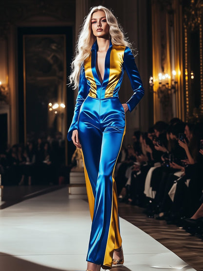 Retro High-End Fashionable Yellow And Blue Contrast Satin Jumpsuit