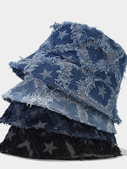 Casual Fashion Five-pointed Star Raw-edge Denim Bucket Hat