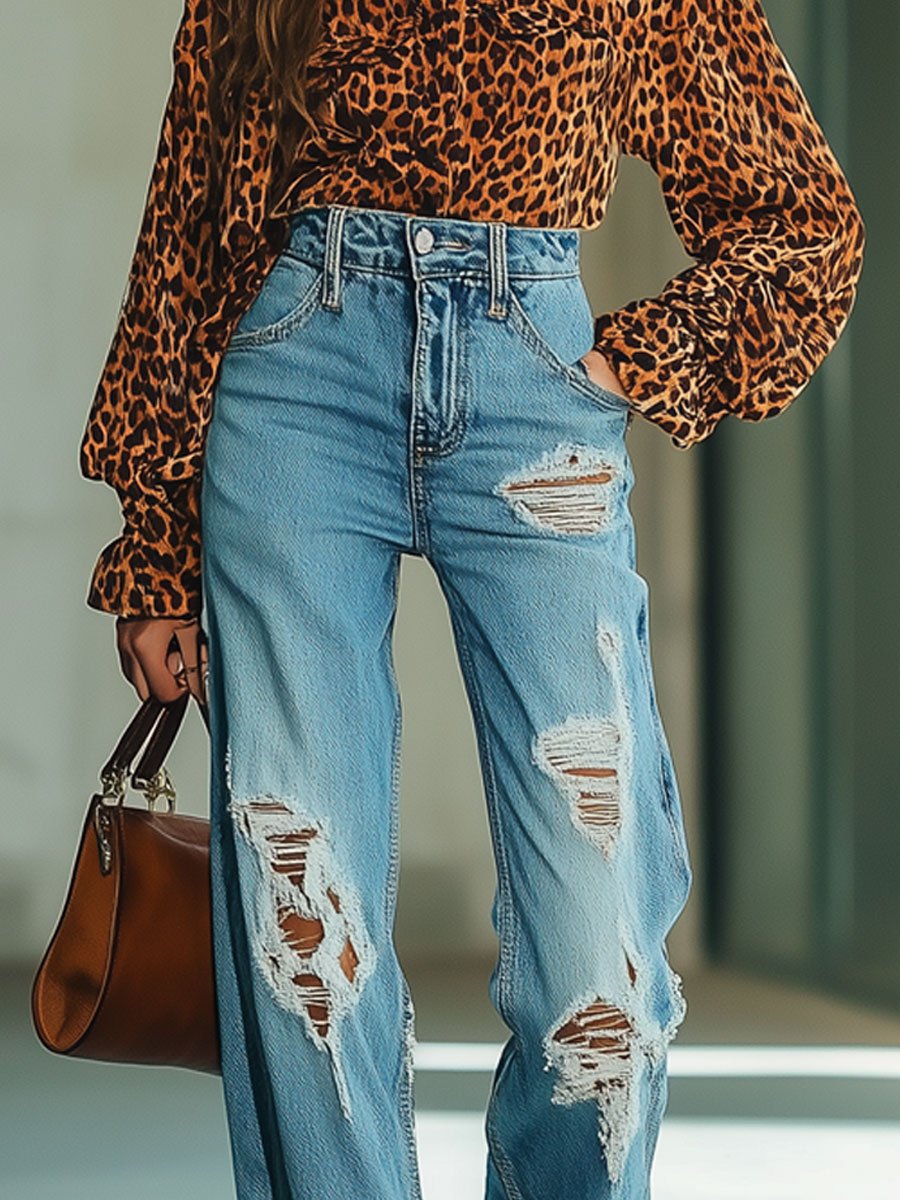 Casual Fashion Retro Ripped Raw Edge High Waist Straight Flared Jeans