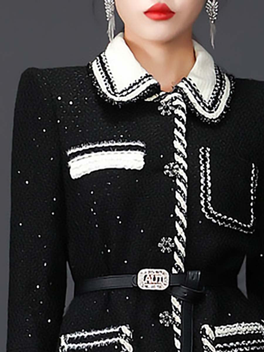 High-End Fashionable Temperament Lapel Black And White Ribbon Fragrance Dress