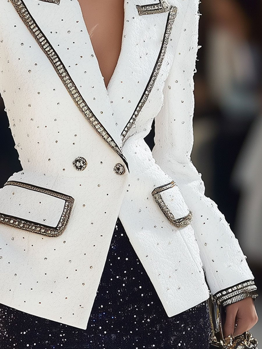 Casual Loose Retro White Jacquard Silver Silk Texture Blazer