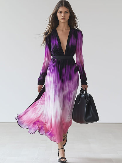 Fashion Holiday Pink And Purple Tie-Dye Pleated V-Neck Long-Sleeved Maxi Dress