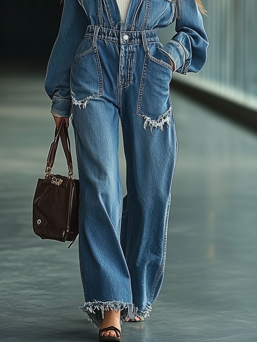 Casual Retro Raw Edge Pocket Denim Long Sleeve Straight Jumpsuit