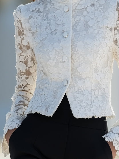 Elegant and Capable Stand-up Collar Short White Lace Jacket