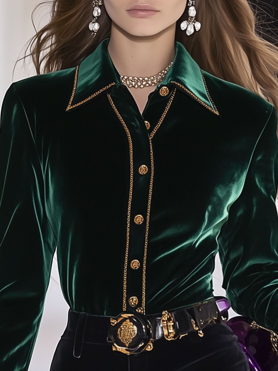 Casual Loose Vintage Green Velvet Gold Trim Long Sleeve Blouse