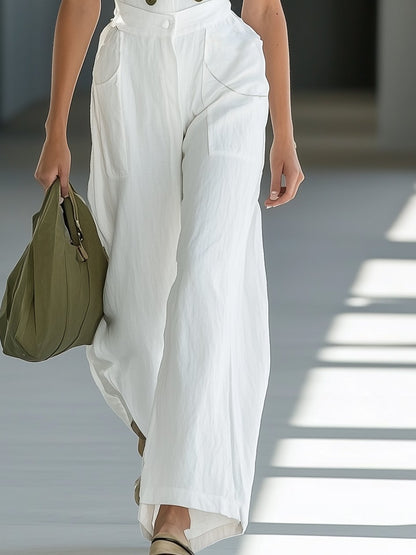 Elegant Lapel Linen White Sleeveless Jumpsuit