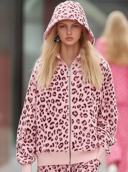 Casual Loose Fashion Hooded Pink Leopard Print Sweater Jacket